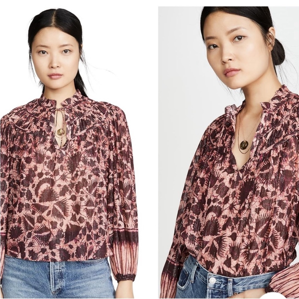 Ulla Johnson Bordeaux Yulia Printed Metallic Blouse Top Size 2 Fall Autumn‎